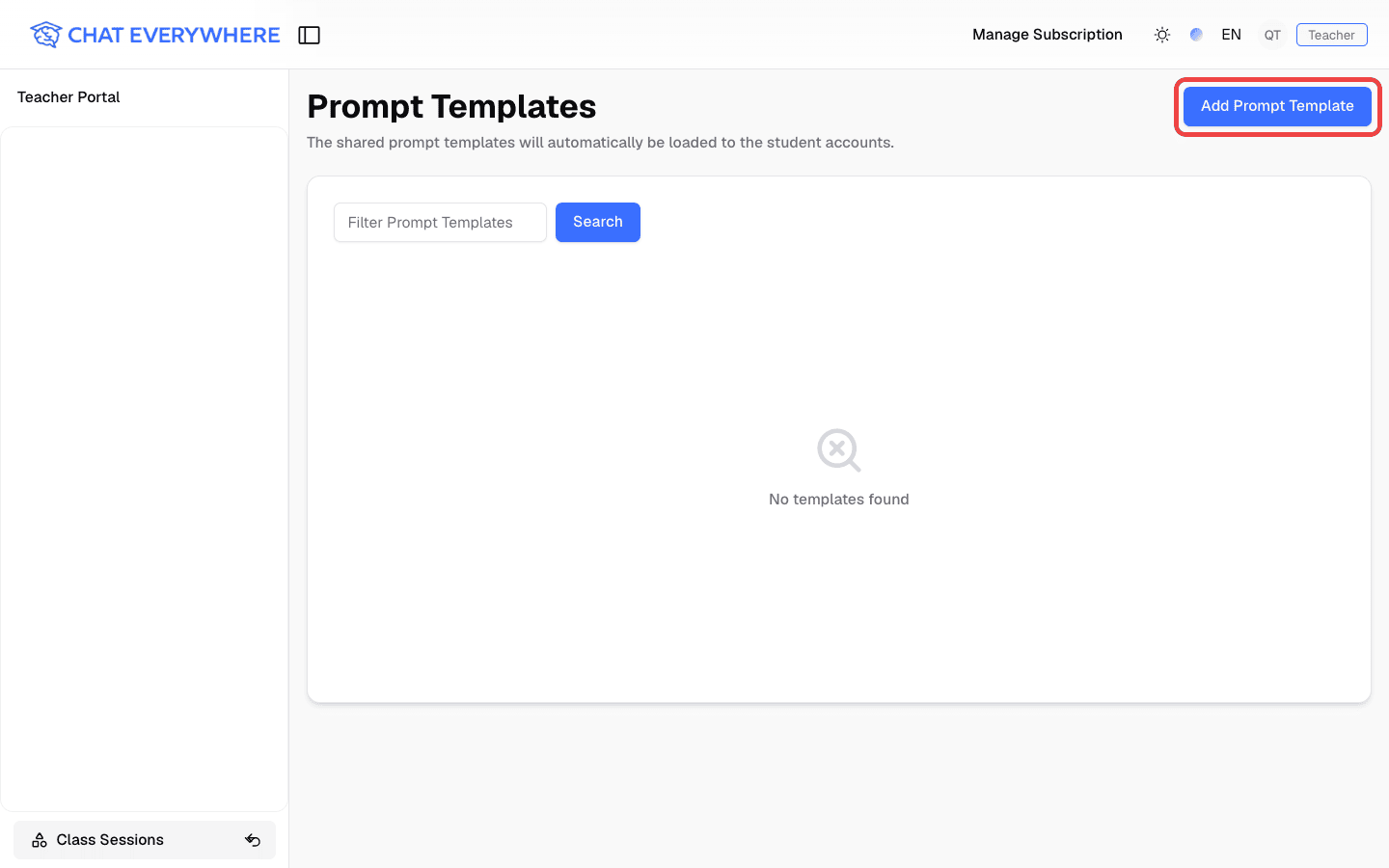 Prompt Templates page in the Teacher Portal with the Add Prompt Template button highlighted