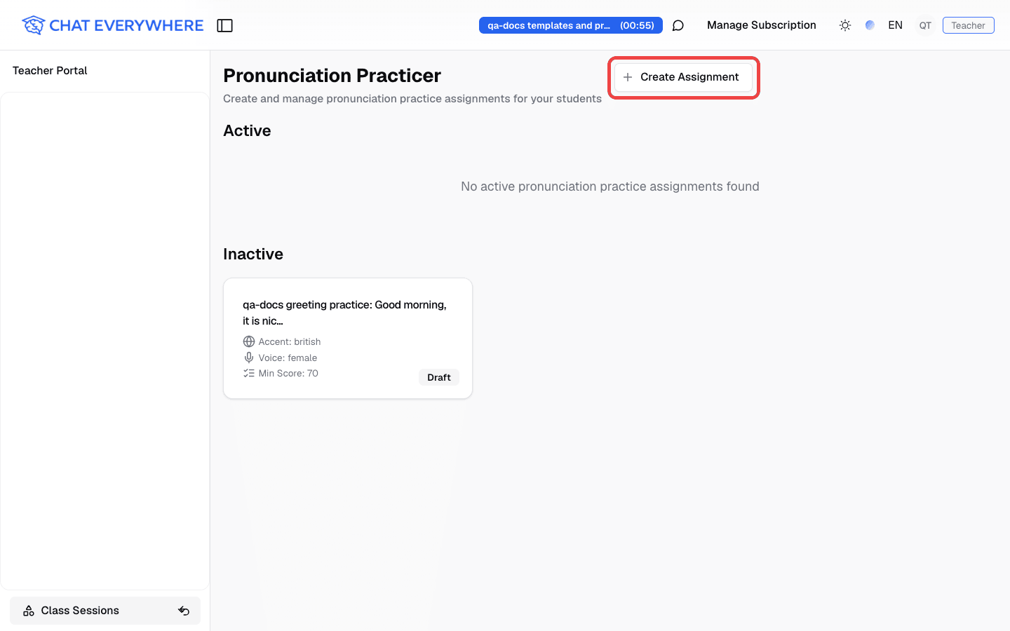 Teacher Pronunciation Practicer page with the Create Assignment button highlighted
