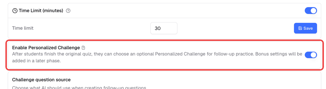 Enable Personalized Challenge switch turned on in the quiz settings