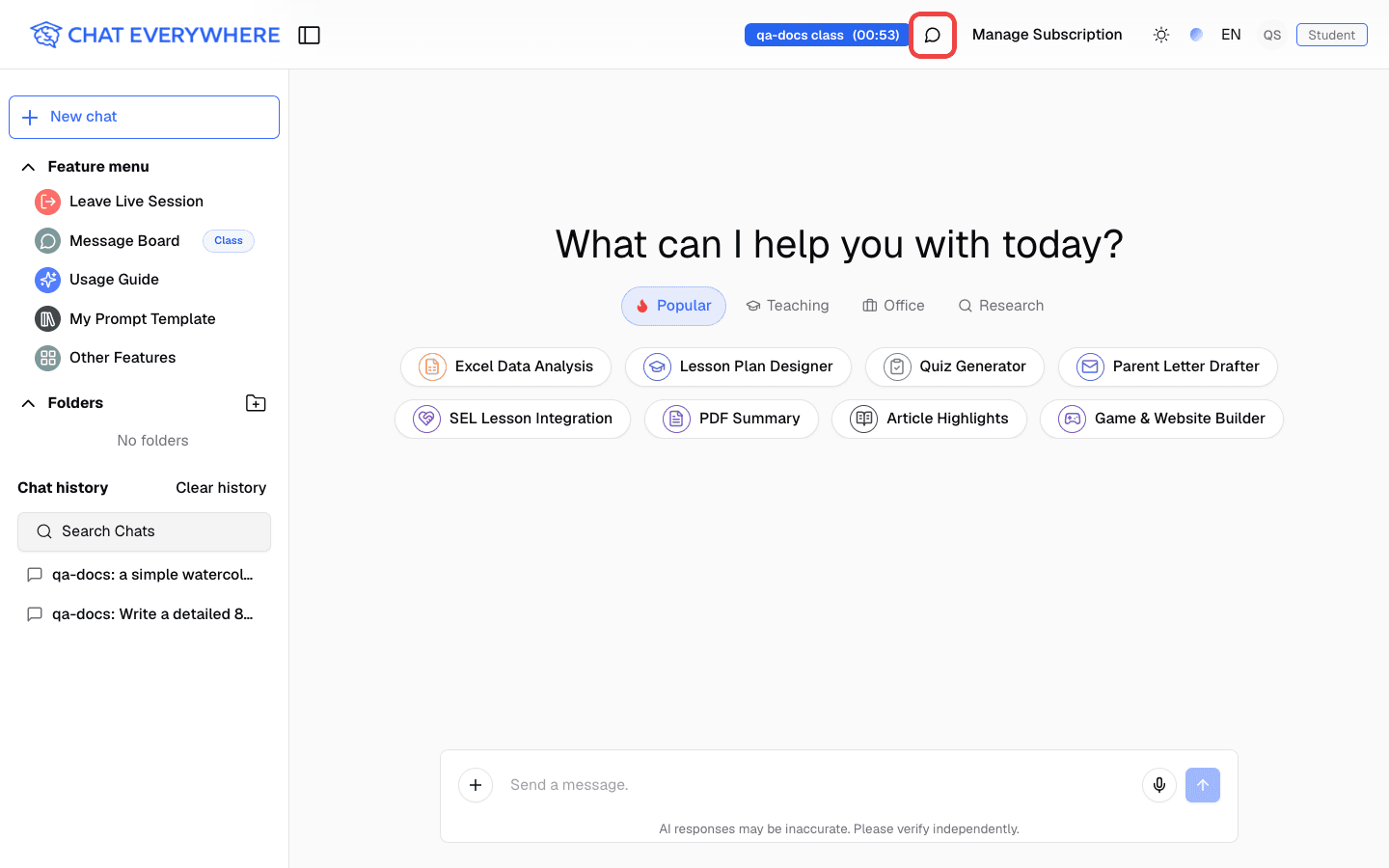 Session chat icon next to the class name in the header during a live class