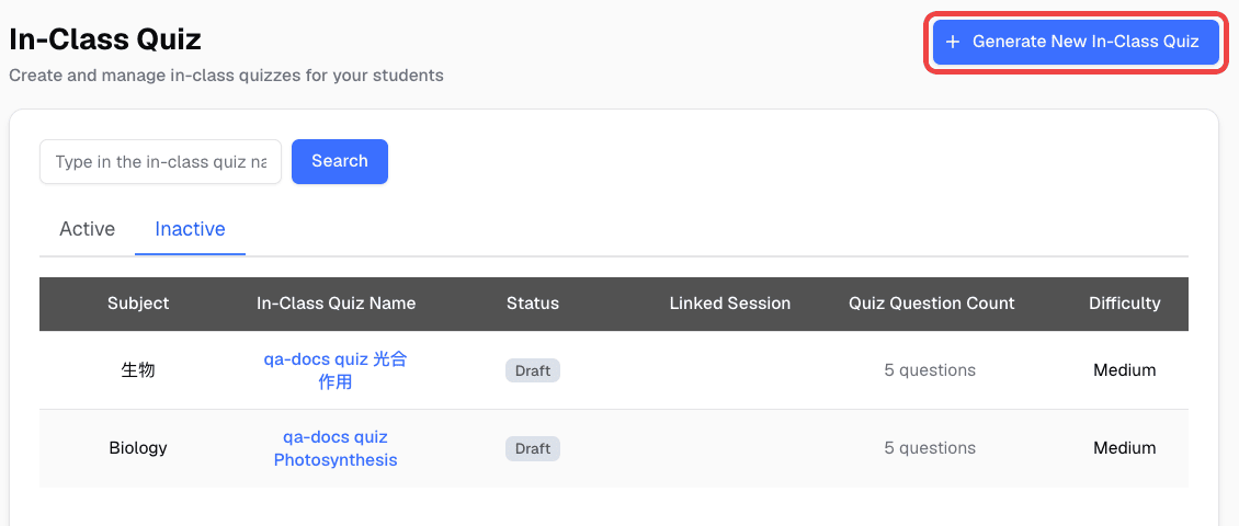In-Class Quiz list with the Generate New In-Class Quiz button