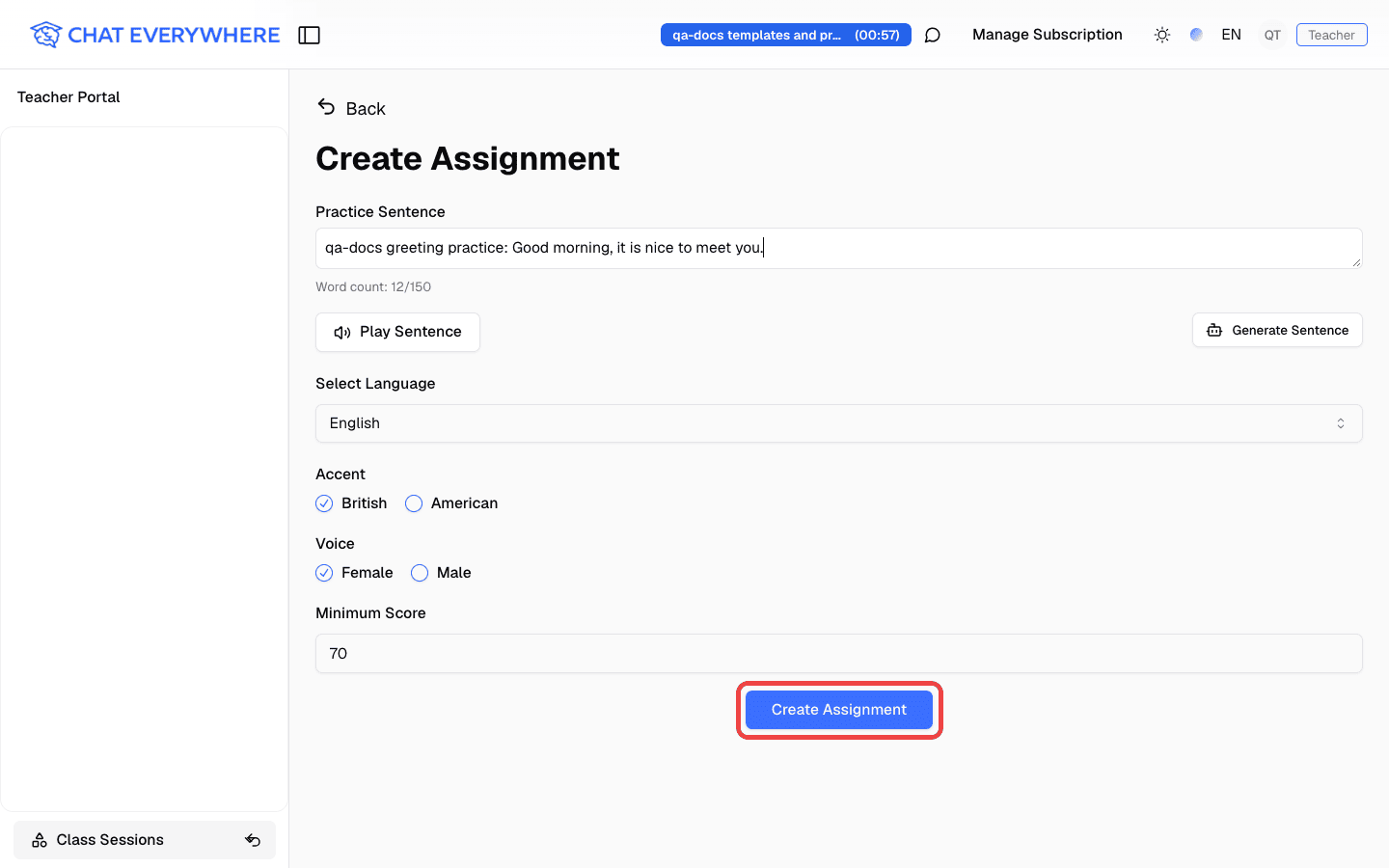 Create Assignment form with practice sentence, language, accent, voice, and minimum score, and the Create Assignment button highlighted