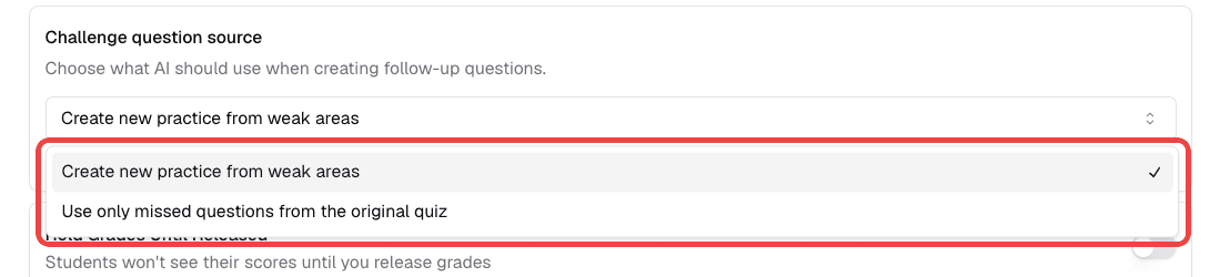 Challenge question source menu with its two options