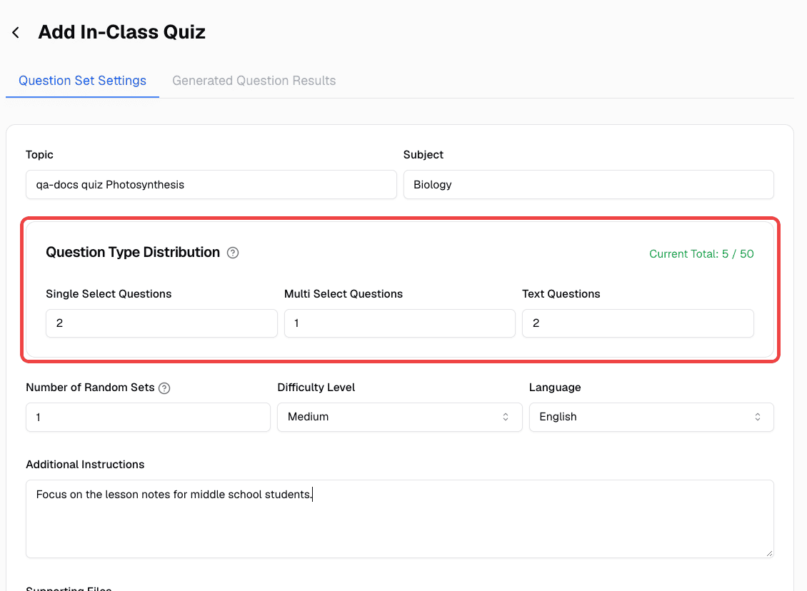 Question Type Distribution in the quiz creation form, with the current total
