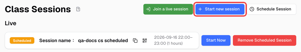 Class Sessions page with the Start new session button highlighted