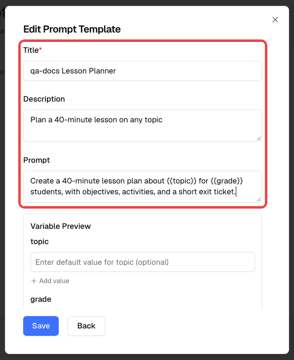 Edit Prompt Template form with the Title, Description, and Prompt fields highlighted