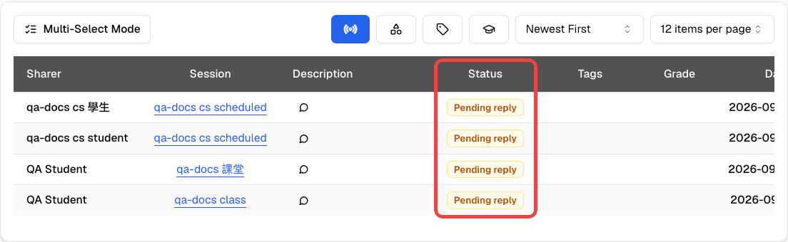 Message Board table with the Status column highlighted, showing posts that are Pending reply