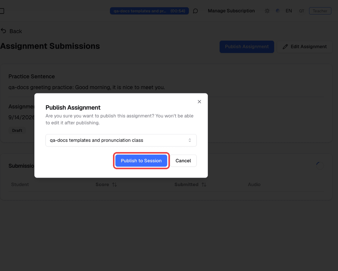 Publish Assignment dialog with a session selected and the Publish to Session button highlighted