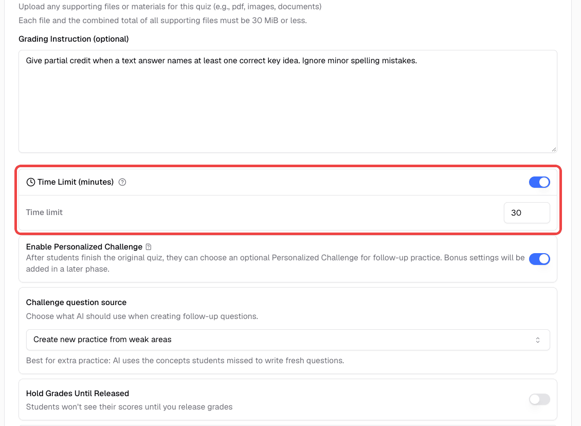 Optional quiz settings with the Time Limit (minutes) setting turned on