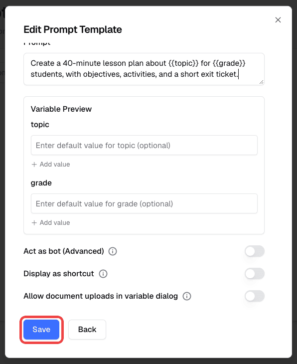 Variable preview, Act as bot and Display as shortcut switches, and the Save button highlighted