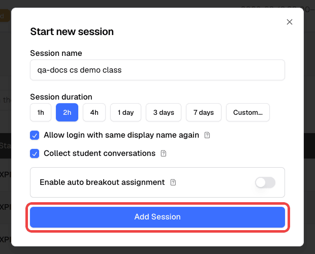 Start new session form with a session name, duration presets, and session options, with the Add Session button highlighted
