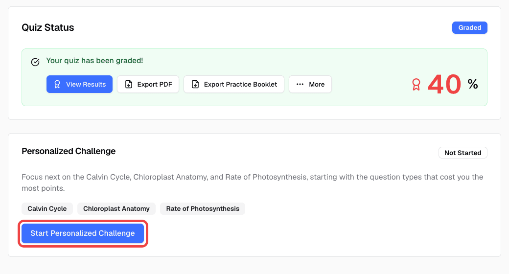 Student result page with focus concepts and the Start Personalized Challenge button