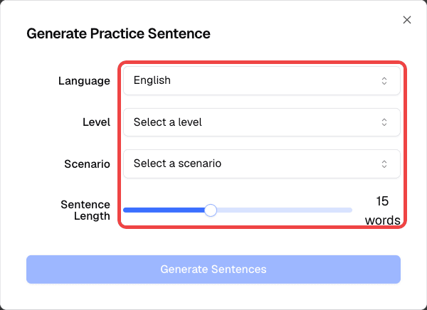 Generate Practice Sentence dialog with the language, level, scenario, and sentence length settings highlighted