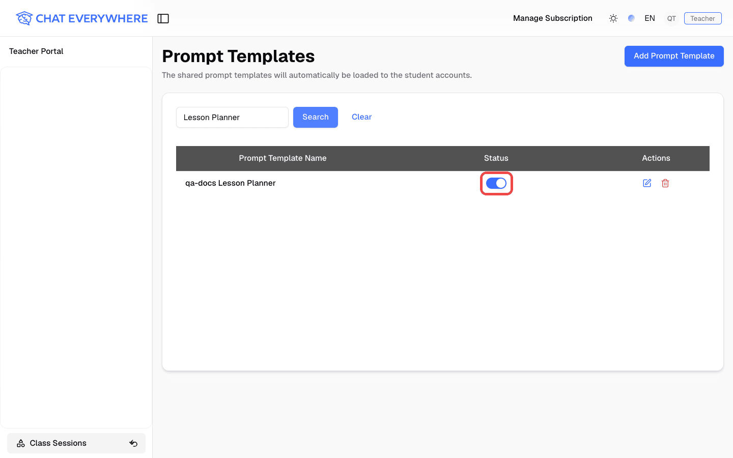 Prompt Templates list with the Status sharing switch turned on and highlighted