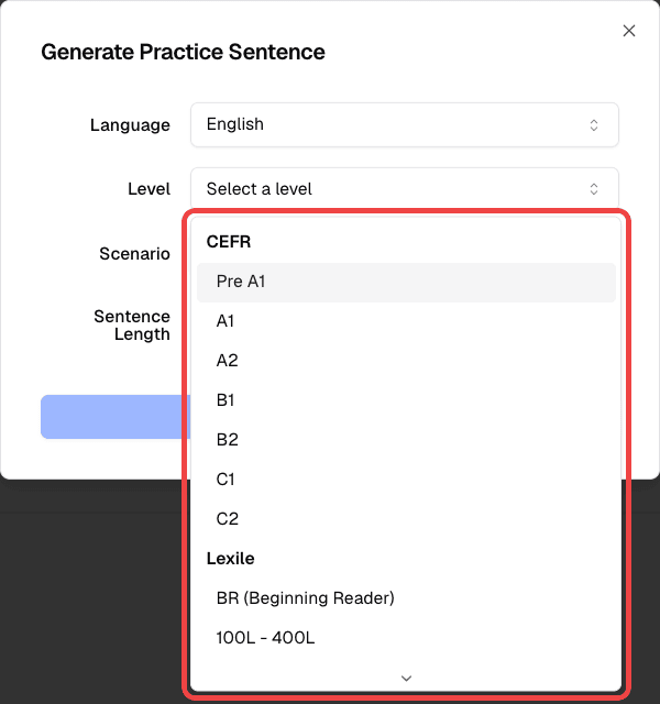 Level dropdown open in the Generate Practice Sentence dialog
