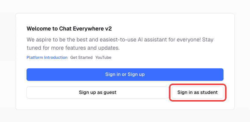 Welcome card with the Sign in as student button highlighted