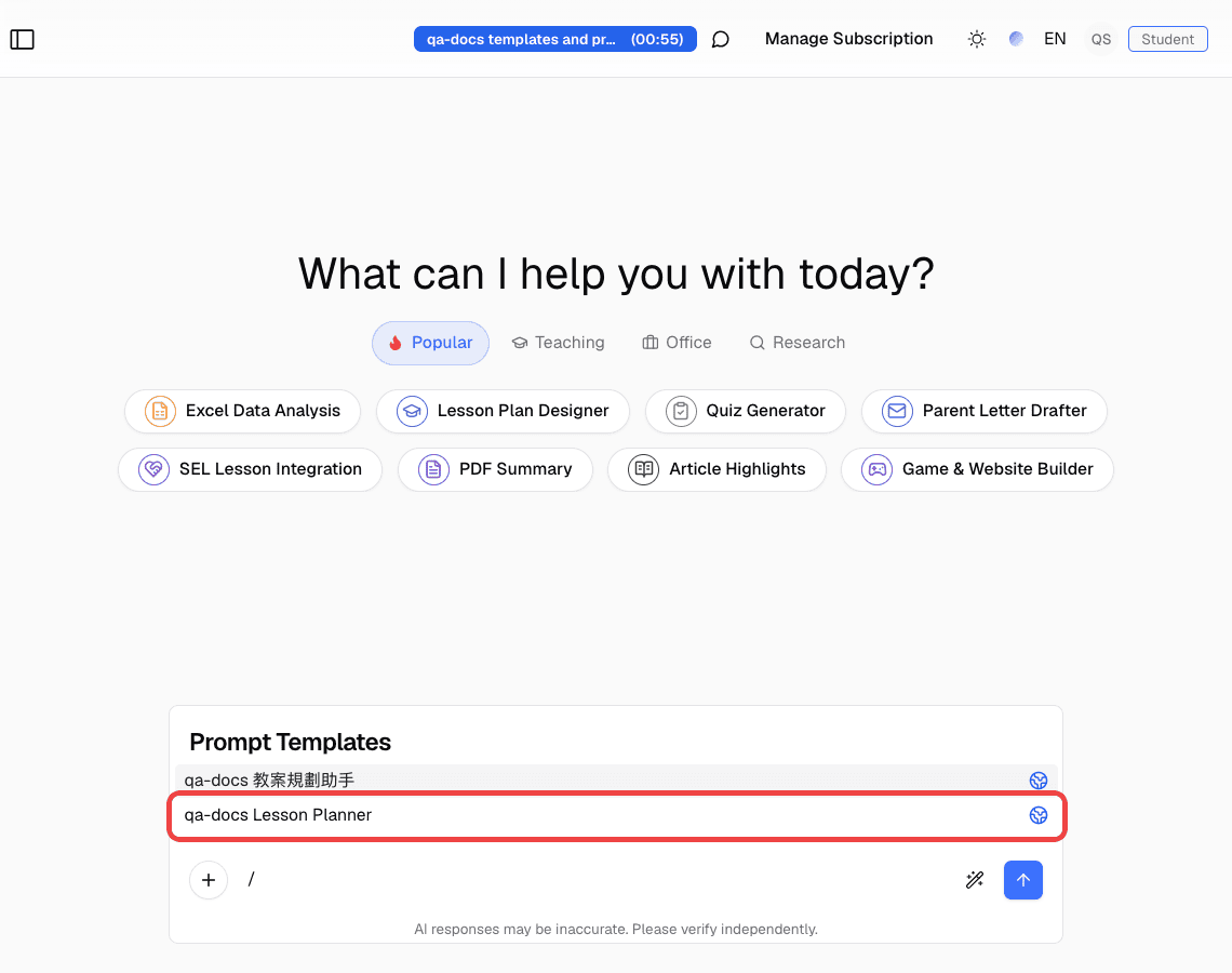 Student chat in a live session with the shared template highlighted in the Prompt Templates list