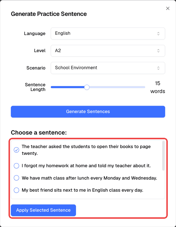 Generated sentence list with one sentence selected and the Apply Selected Sentence button