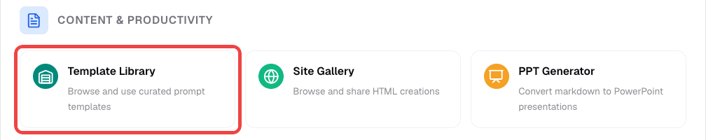 Template Library card highlighted in the Other Features menu