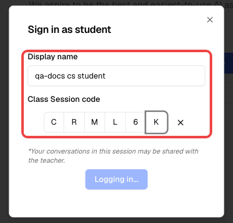Sign in as student dialog with the display name and class session code filled in and highlighted