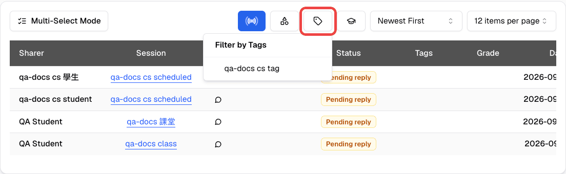 Filter by Tags menu opened from the tag filter icon