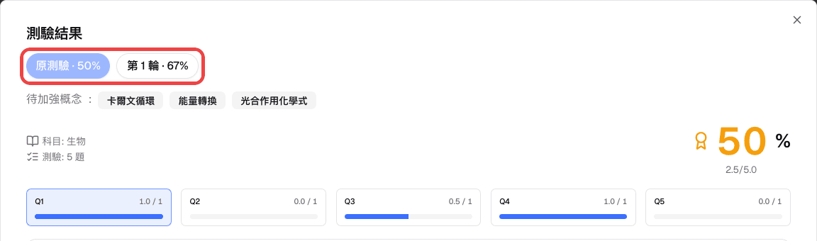 教師結果檢視中切換原測驗與第 1 輪的按鈕