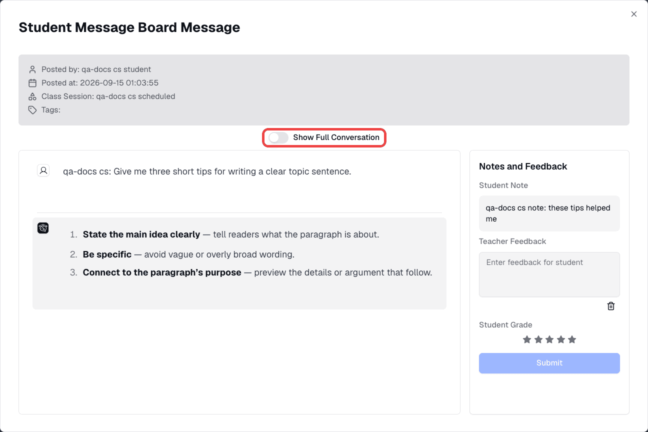 Message Board post detail dialog with the Show Full Conversation toggle highlighted
