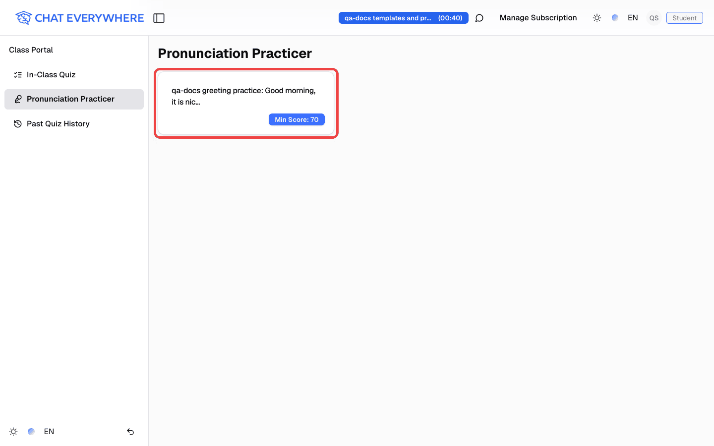 Class Portal Pronunciation Practicer page with the assignment card highlighted