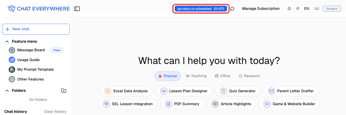 Student chat page after joining, with the live class session badge highlighted in the header
