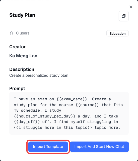 Template preview with the Import Template button highlighted