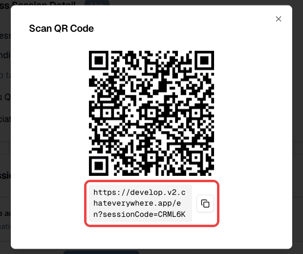 Scan QR Code dialog with the class link and its copy button highlighted