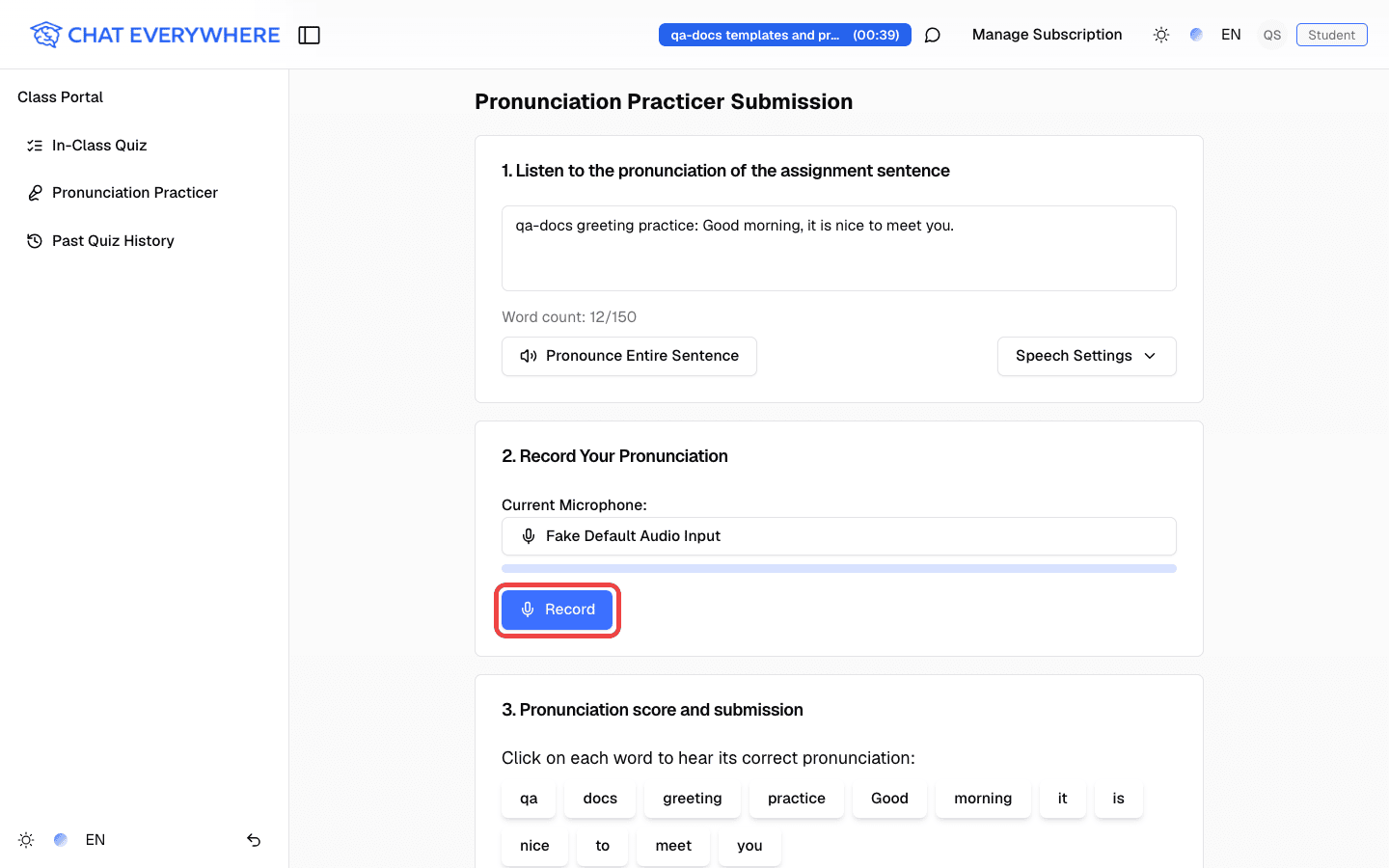 Student submission page with the Record button highlighted