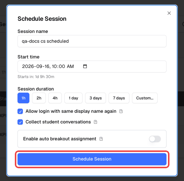 Schedule Session dialog with a name, start time, and duration filled in, and the Schedule Session button highlighted