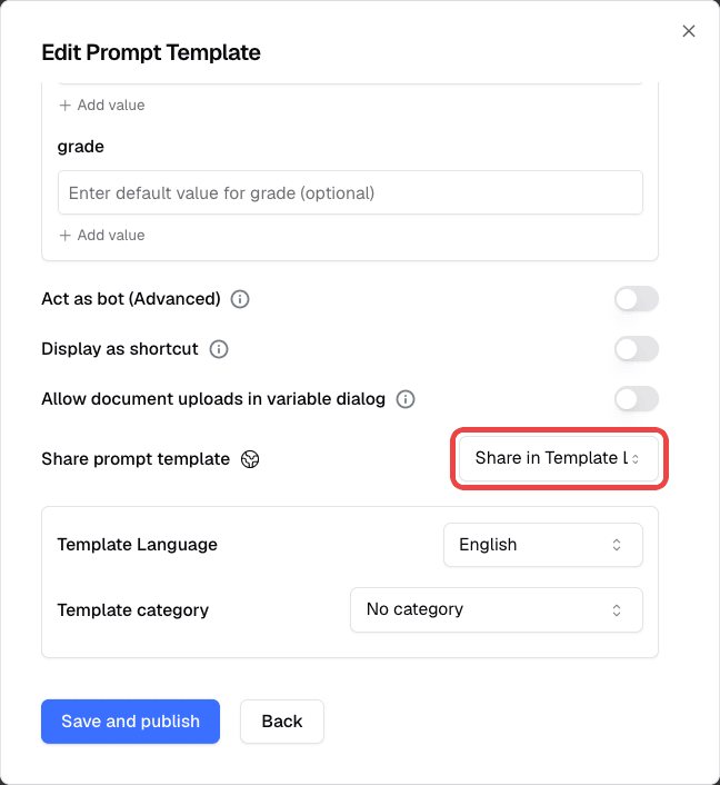 Share prompt template option set to Share in Template Library