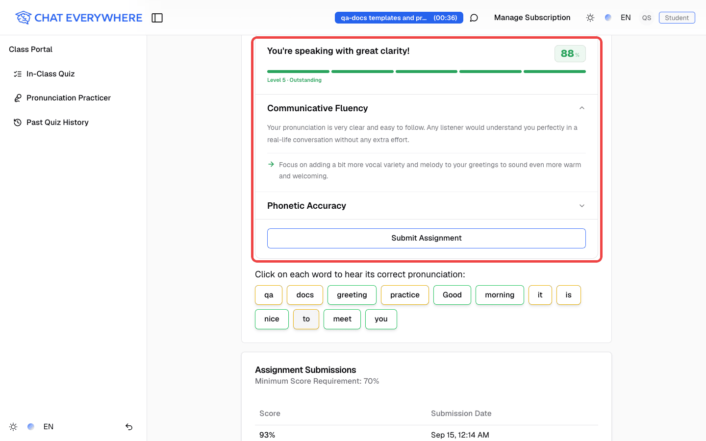 Pronunciation score, feedback, and Submit Assignment button highlighted