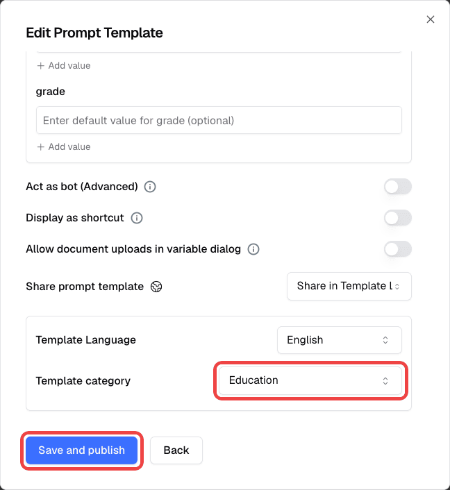 Template category set to Education and the Save and publish button highlighted