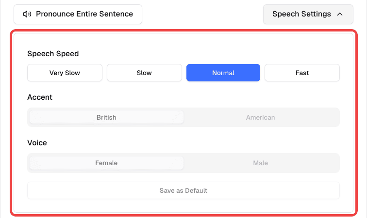 Speech Settings panel with speed, accent, and voice options highlighted