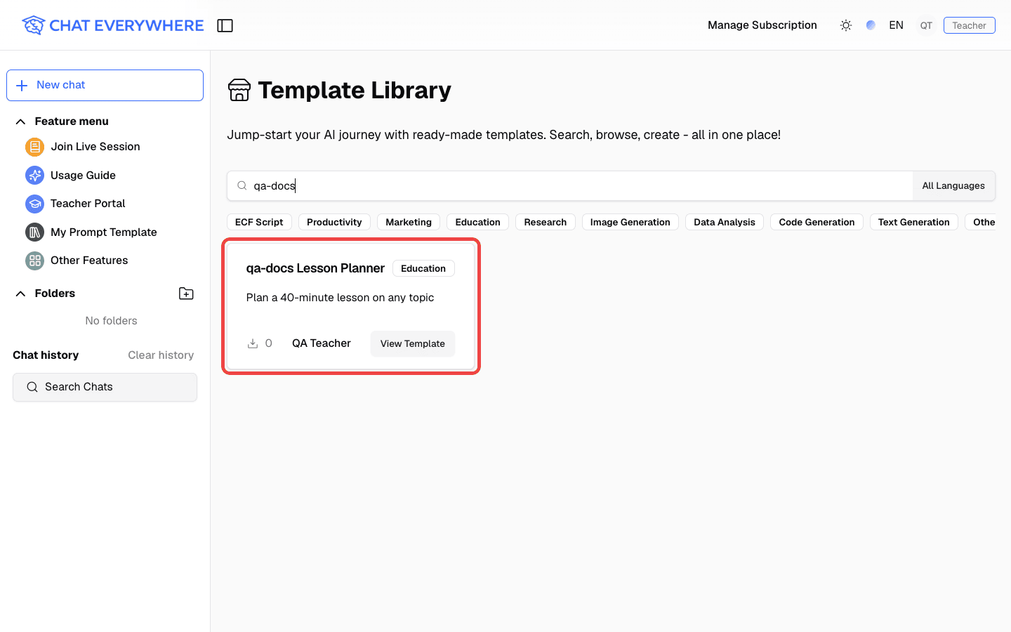 Published template highlighted in the Template Library search results