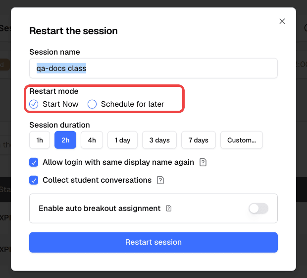 Restart the session form with the Restart mode options highlighted