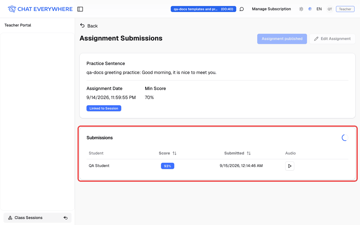 Assignment Submissions page with the Submissions list highlighted, showing a student's score, submission time, and audio
