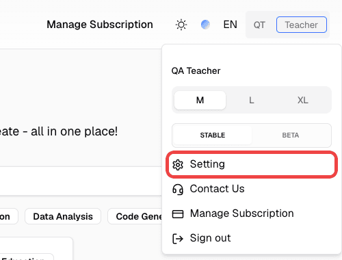 Account menu with Setting highlighted