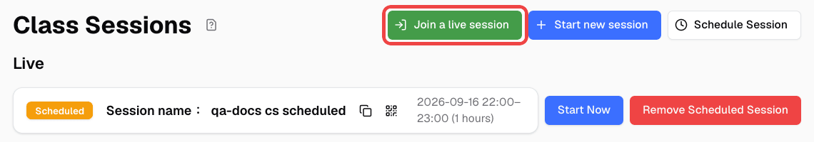 Class Sessions page with the Join a live session button highlighted