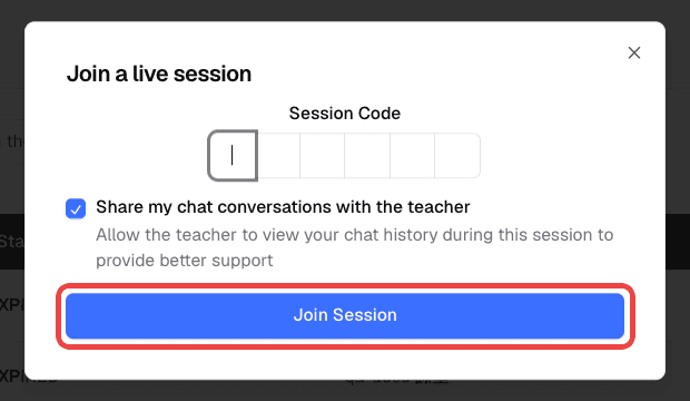 Join a live session dialog with the session code field and sharing checkbox, with the Join Session button highlighted