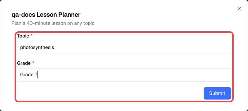 Template variable dialog with the Topic and Grade fields and the Submit button highlighted