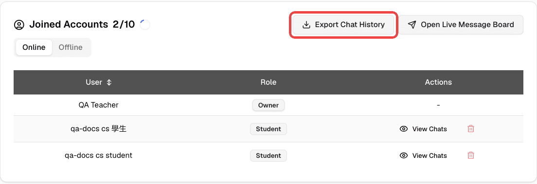 Joined Accounts card with the Export Chat History button highlighted