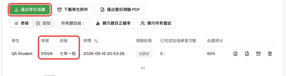 結果表格中的學號與班級欄位，以及「匯出學生成績」按鈕
