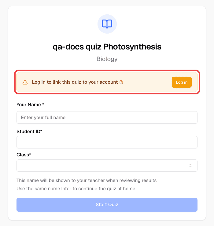 Dedicated quiz page prompting the student to log in so the quiz is linked to their account