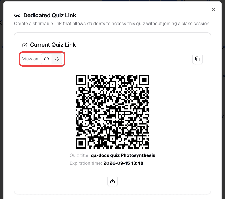 Created dedicated quiz link shown as a QR code with the quiz title and expiration time