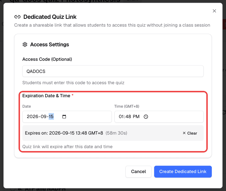 Access code and Expiration Date & Time settings for a dedicated quiz link