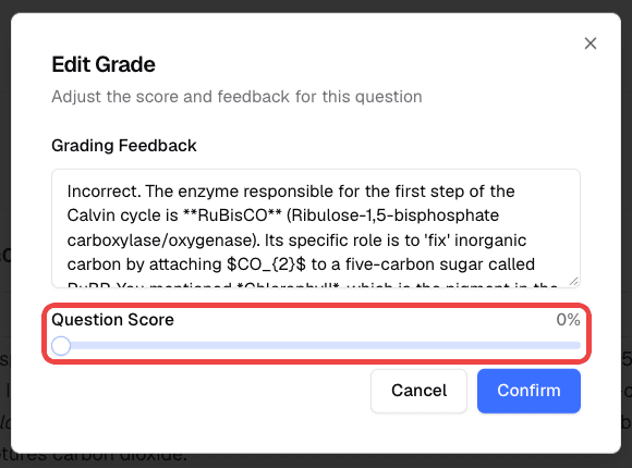Edit Grade dialog with Grading Feedback and the Question Score slider